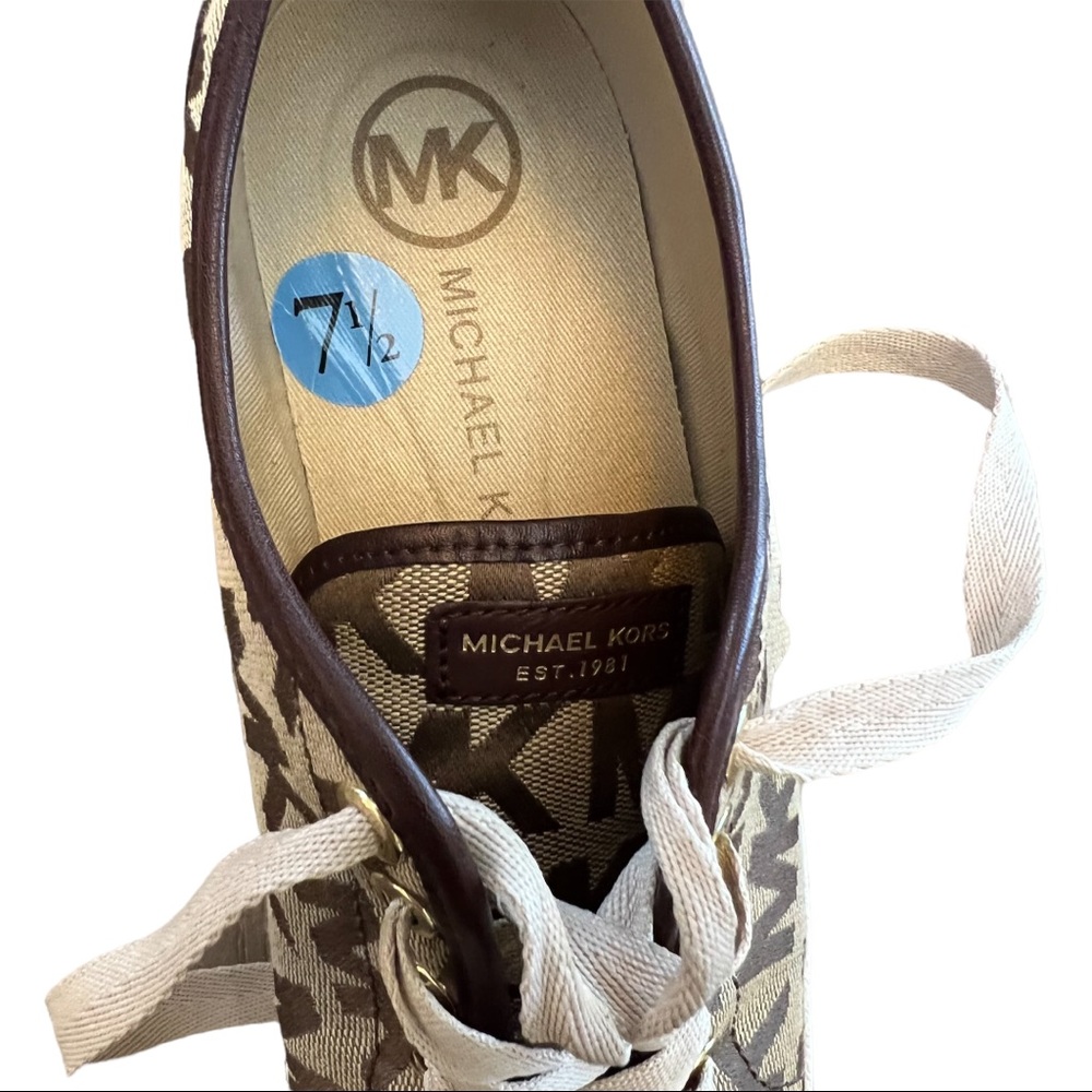 Like New Michael Kors Leather & Canvas Sneakers MK Logo Brown & Tan Size 7.5 - Picture 5 of 12